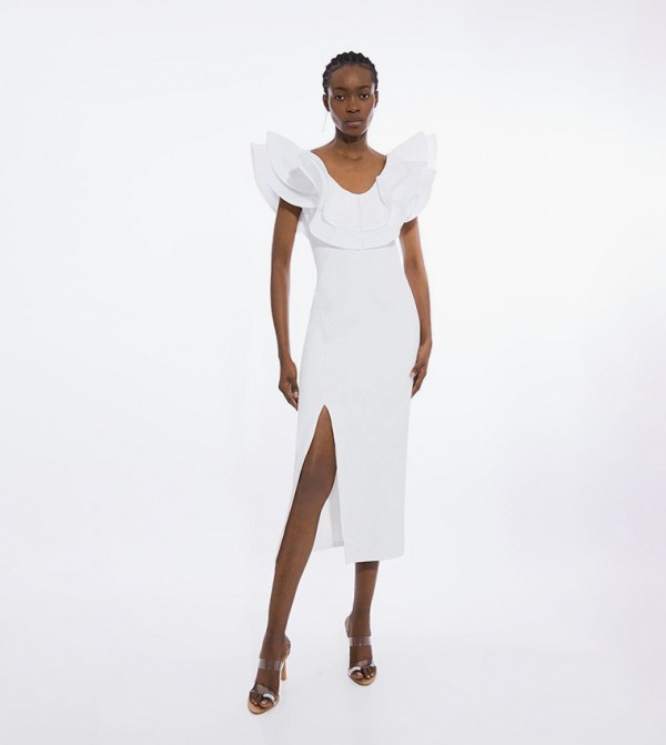 Ruffle Ponte And Cotton Mix Jersey Side Split Midaxi Dress