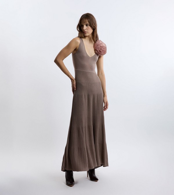 Viscose Blend Knit Corsage Detail Maxi Dress