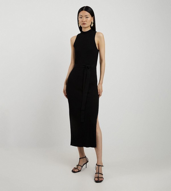 Cotton Blend Belted Knit Racer Midi Dress