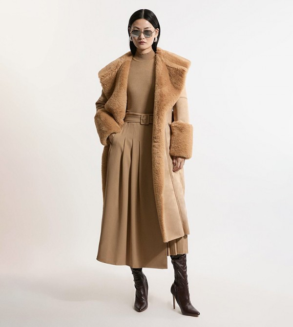 Faux Shearling Collar & Cuff Belted Midi Coat