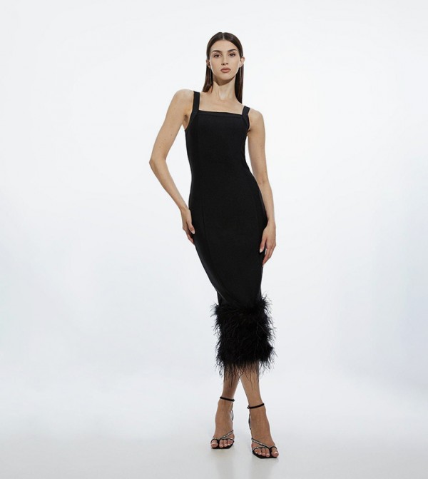 Figure Form Bandage Feather Hem Knit Midi Dress