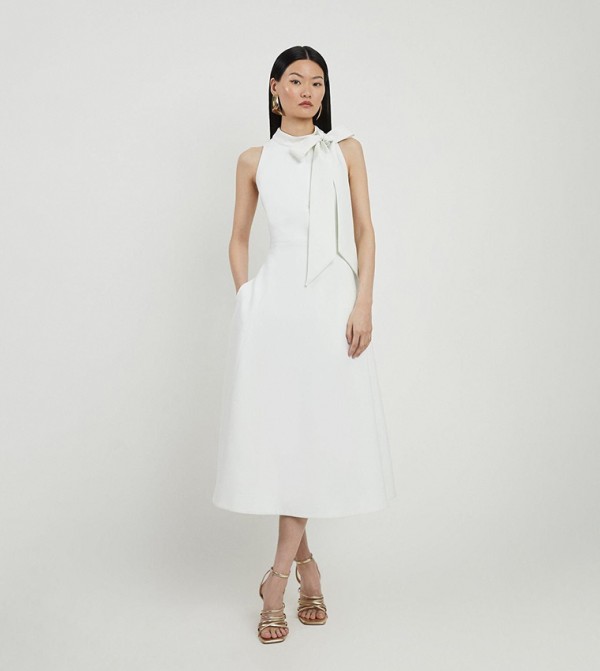 Compact Stretch Bow Tie Neck Full Skirted Midi Dress
