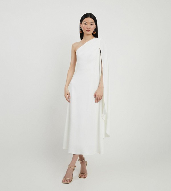Satin Back Crepe One Shoulder Drape Sleeves Maxi Dress