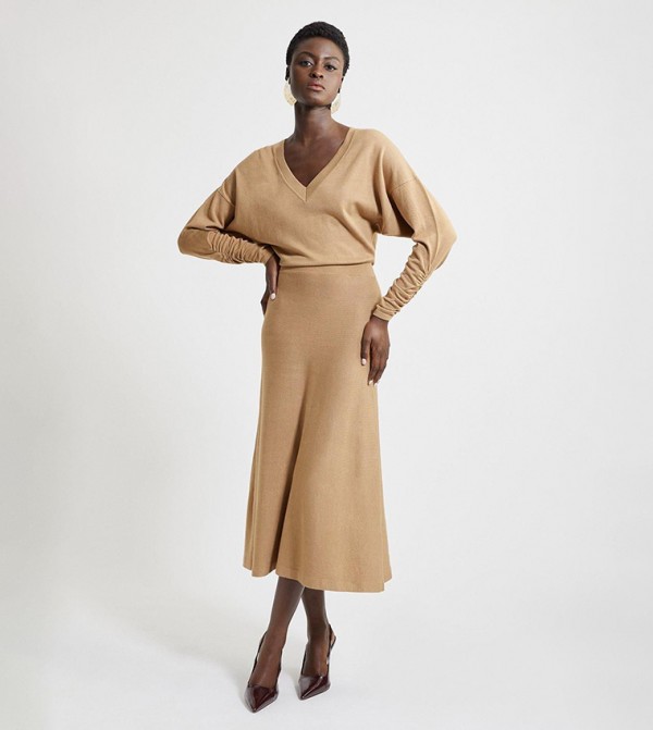 Viscose Blend V Neck Knit Midi Dress