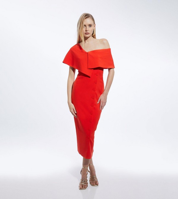 Compact Stretch Off Shoulder Button Through Tailored Midaxi Pencil Dress