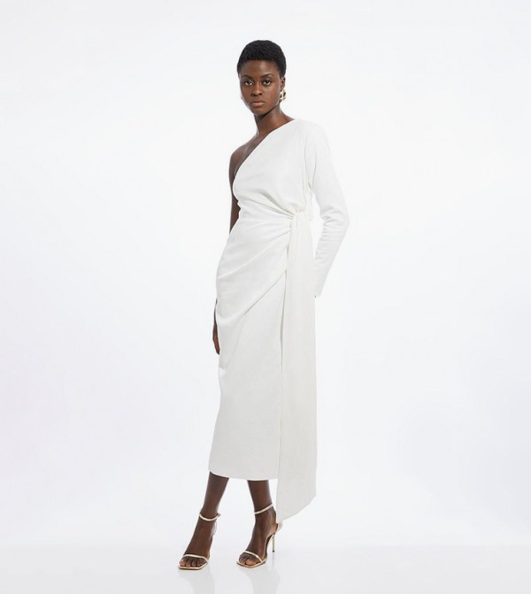 Satin Back Crepe One Shoulder Drape Midi Dress