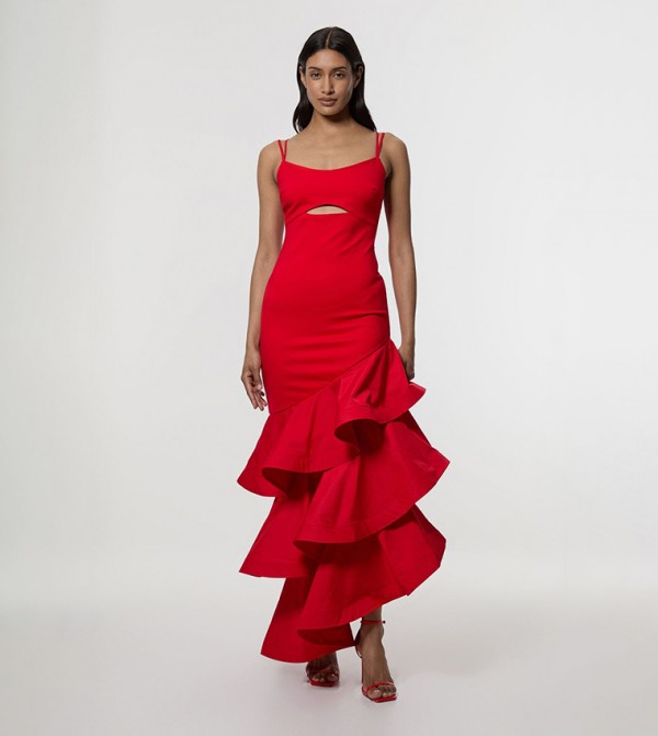 Ponte Jersey Ruffle Hem Maxi Dress