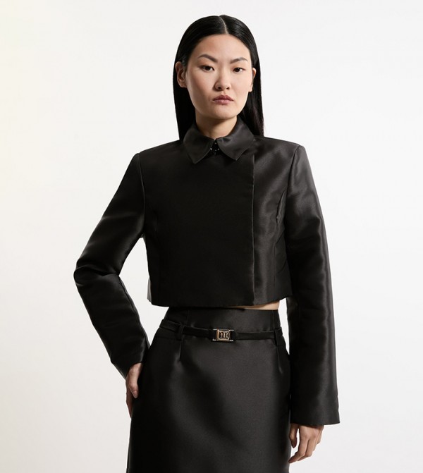 Satin Twill Cropped Wrap Tailored Jacket