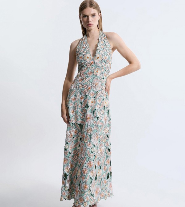 Petite Premium Embroidered Halter Maxi Dress