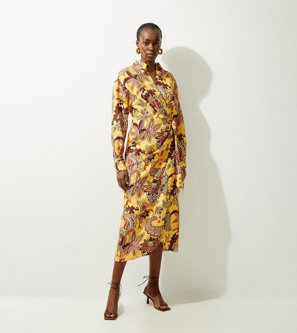 Petite Viscose Linen Woven Midi Shirt Dress