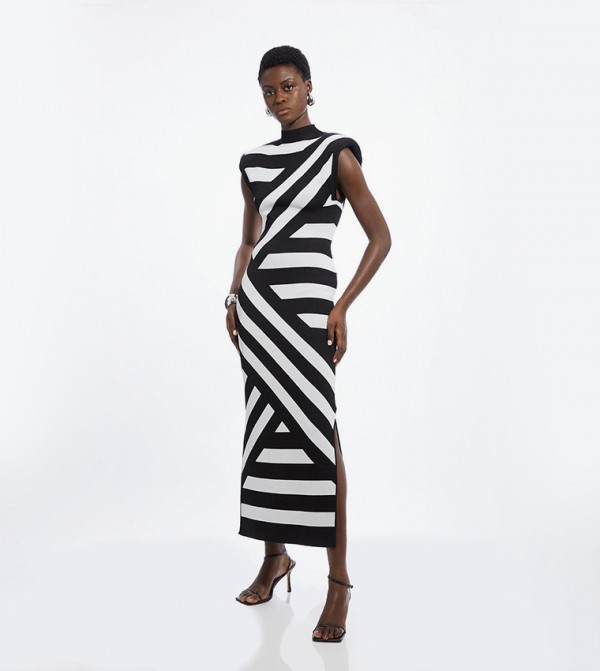 Petite Viscose Blend Jacquard Stripe Power Shoulder Knit Maxi Dress