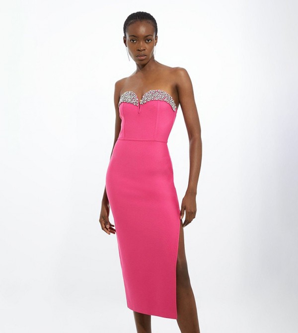 Figure Form Bandage Embellished Corset Style Knit Midi Dress