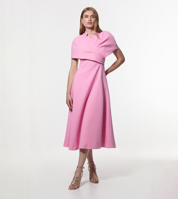 Structured Crepe Cape Detail Full Skirted Midi Dress