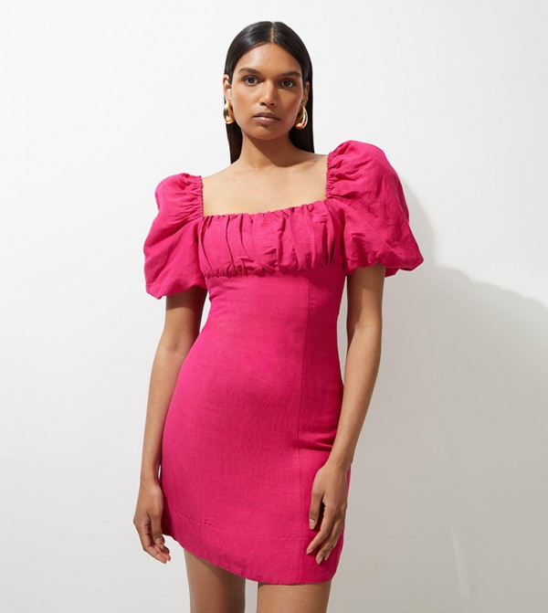 فستان قصير فيسكوز لينن بأكمام باف