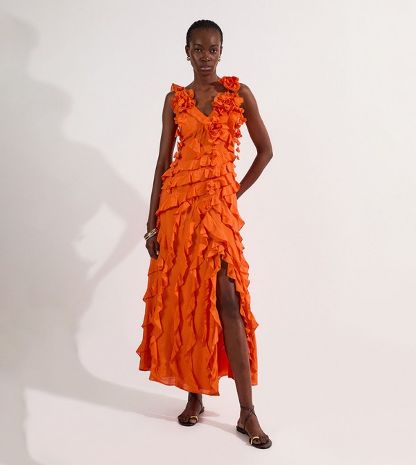 Tall Embellished Ruffle Strappy Woven Maxi Dress