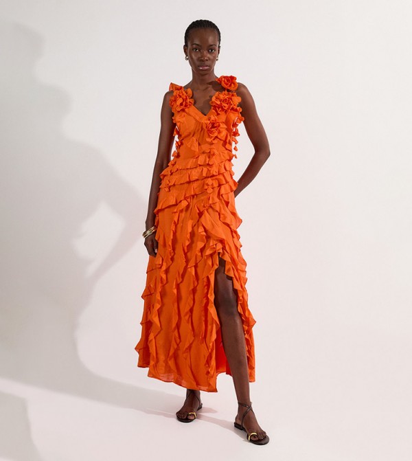 Embellished Ruffle Strappy Woven Maxi Dress