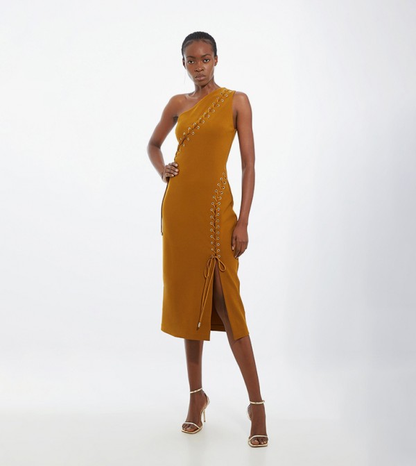 Petite Figure Form Laced Detail Woven One Shoulder Midi Dress