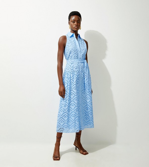 Cotton Broderie Belted Woven Maxi Shirt Dress