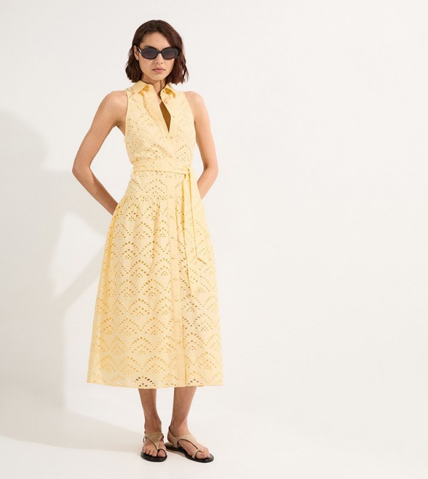 Cotton Broderie Belted Woven Maxi Shirt Dress