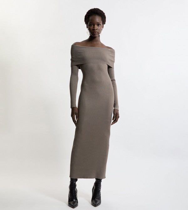 Viscose Blend Rib Detail Bardot Knit Midi Dress