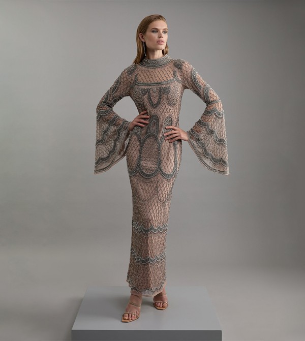 Embellished Long Sleeves Woven Maxi Dress