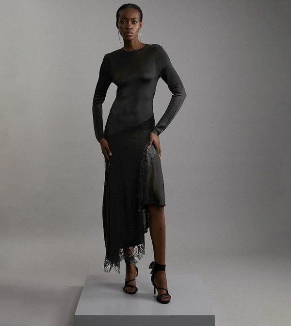 Slinky Sheer Lace Detail Asymmetric Knit Maxi Dress