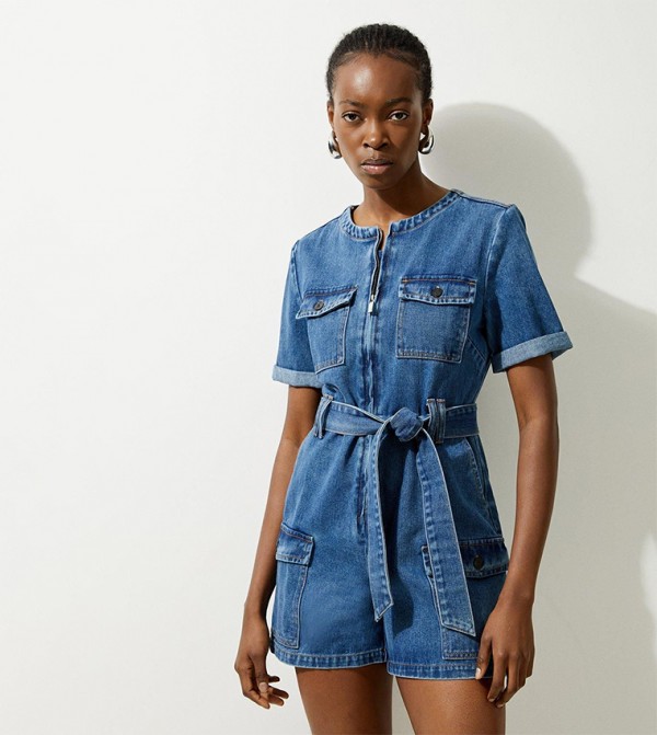 Cargo Pocket Belted Denim Playsuit