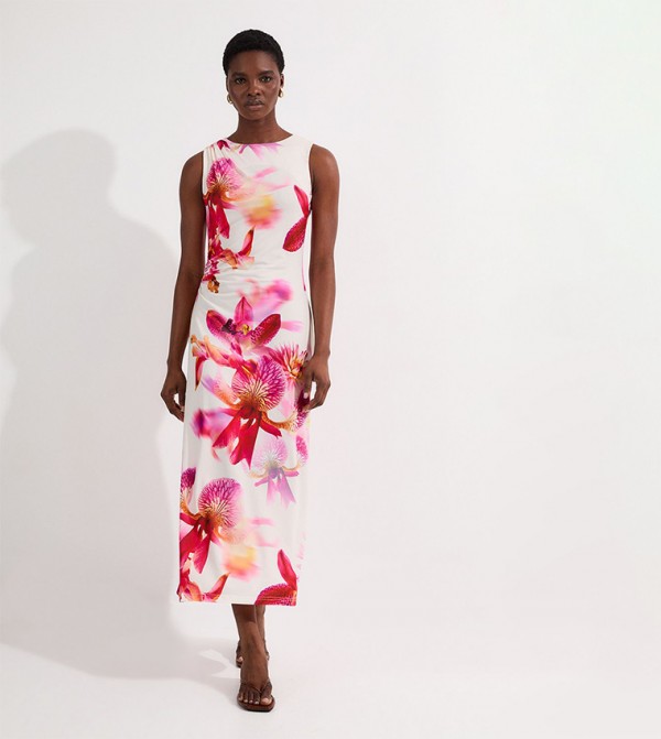 Abstract Floral Printed Jersey Crepe Midaxi Dress