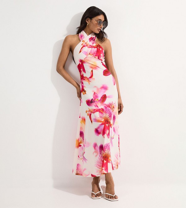 Abstract Floral Printed Jersey Crepe Twist Neck Maxi Dress