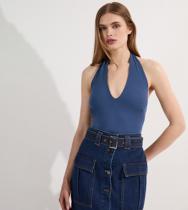 Stretch Cotton Halterneck Bodysuit Top