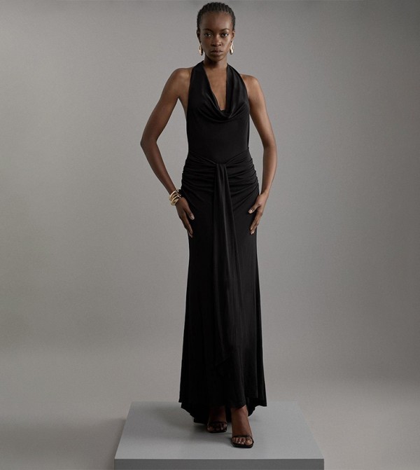 Premium Viscose Jersey Crepe Cowl Neck Maxi Dress