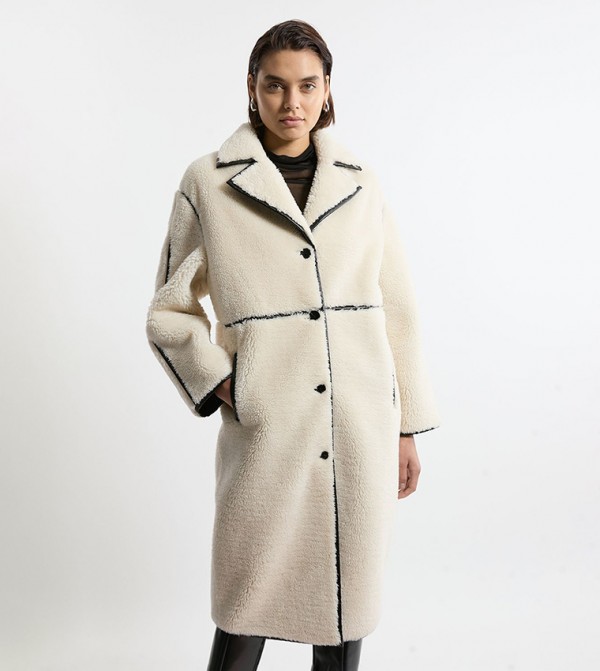 Faux Fur Pu Trim Longline Coat