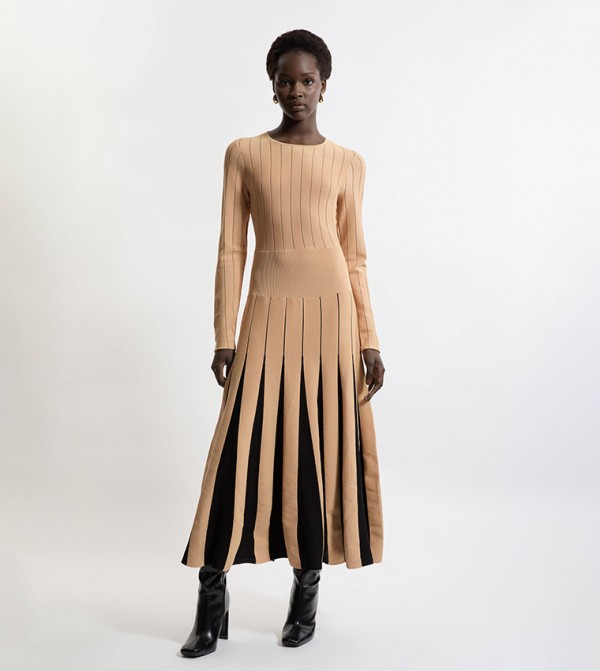 Pointelle Color Block Flared Viscose Blend Knitted Dress