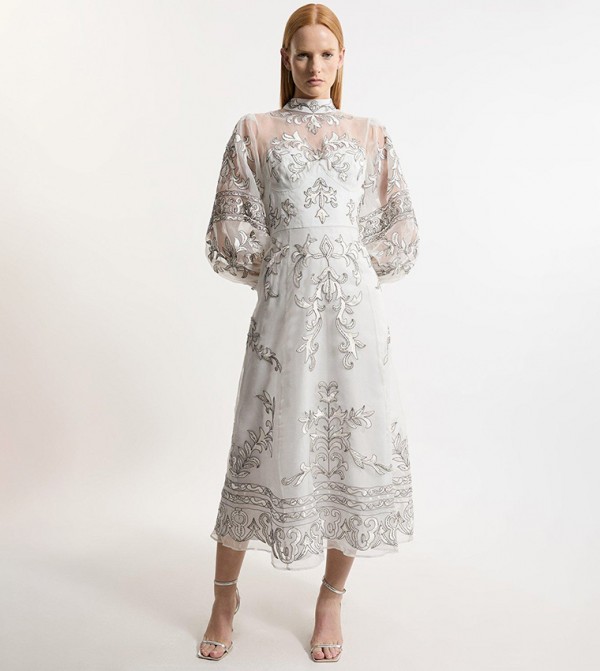 Baroque Organdie Applique Buttoned Midi Dress