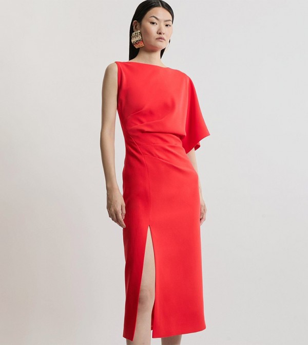 Petite Fluid Tailored Asymmetric Sleeves Maxi Dress