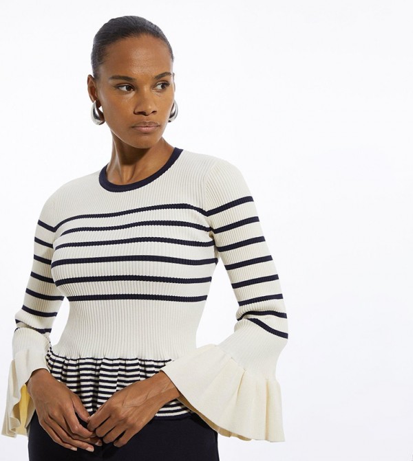 Flounce Sleeves Peplum Knit Rib Top