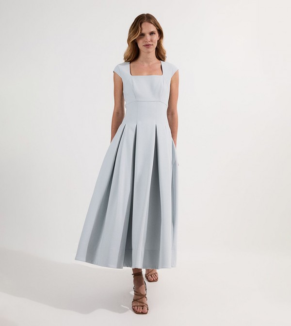 Compact Stretch Square Neck Full Skirted Midi Dress