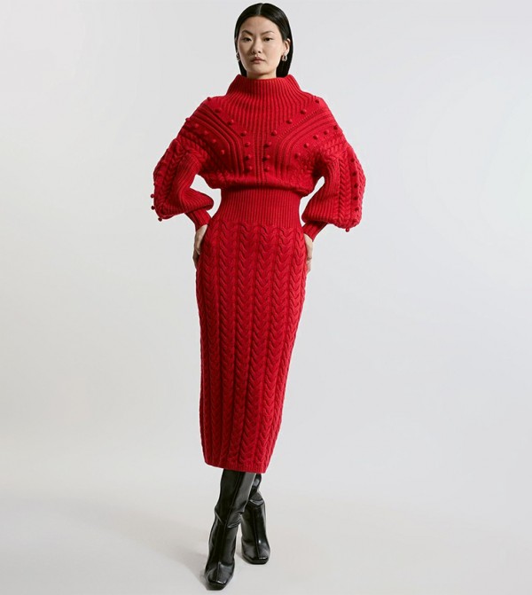Bobble Detail Balloon Sleeves Cable Knit Viscose Blend Midi Dress