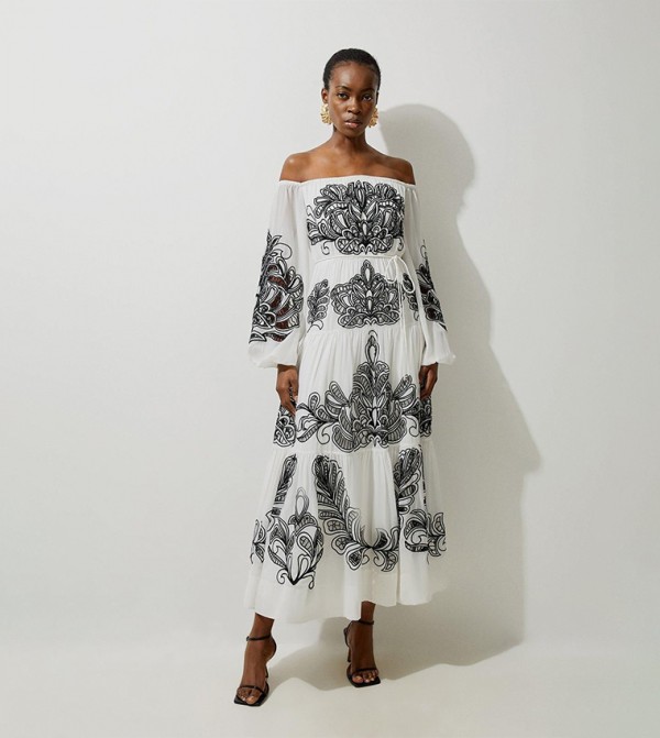 Petite Viscose Cutwork Bardot Woven Maxi Dress