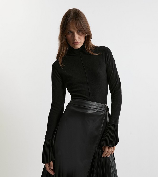 Wool and Alpaca Blend Knit Top with Pleated Silk Woven Cuffs