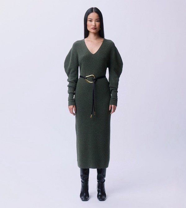 Alpaca Wool Long Sleeves Ribbed V-Neck Knitted Dress