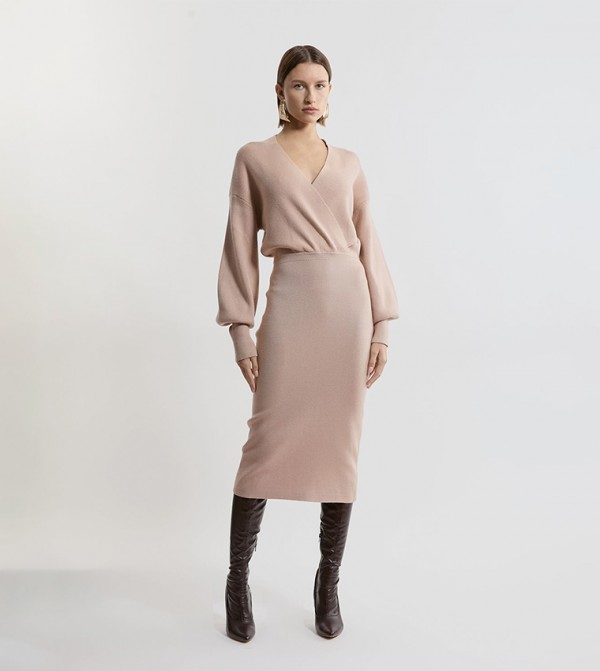 Wool Look Blouson Sleeves Midi Knitted Pencil Dress