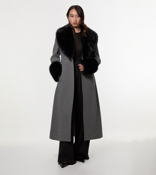 Wool Blend Detachable Faux Fur Belted Midi Coat