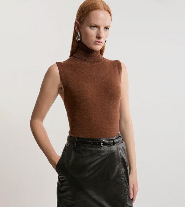 Cashmere Wool Blend Sleeveless Roll Neck Knit Top
