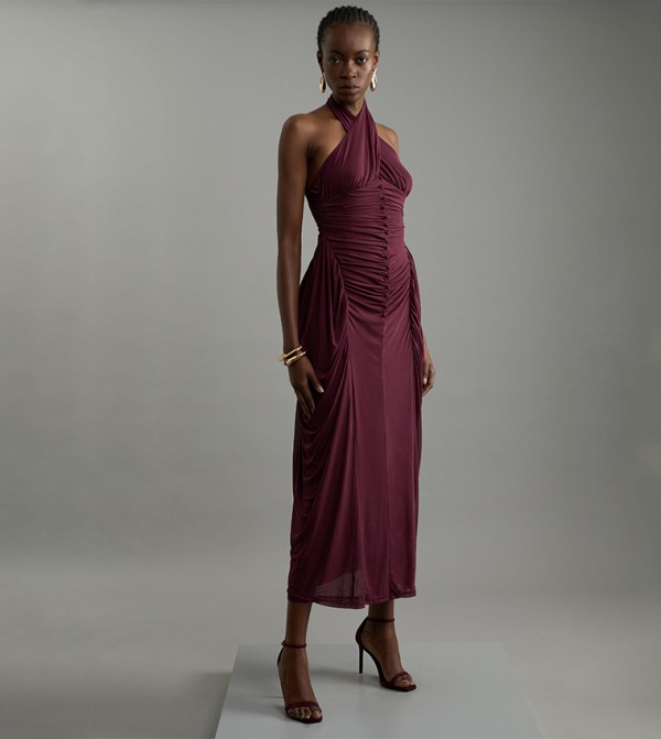 Jersey Mesh Halterneck Midi Dress