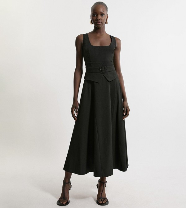 Tailored Full Skirted Panel Belted Midi Dress