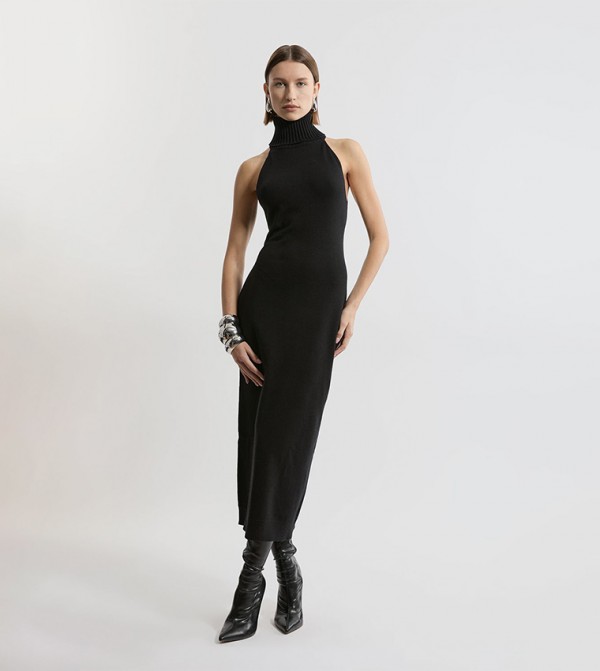 Sleeveless Viscose Blend Roll Neck Knitted Maxi Dress
