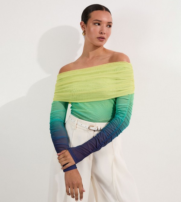 Ombre Jersey Mesh Bardot Bodysuit Top