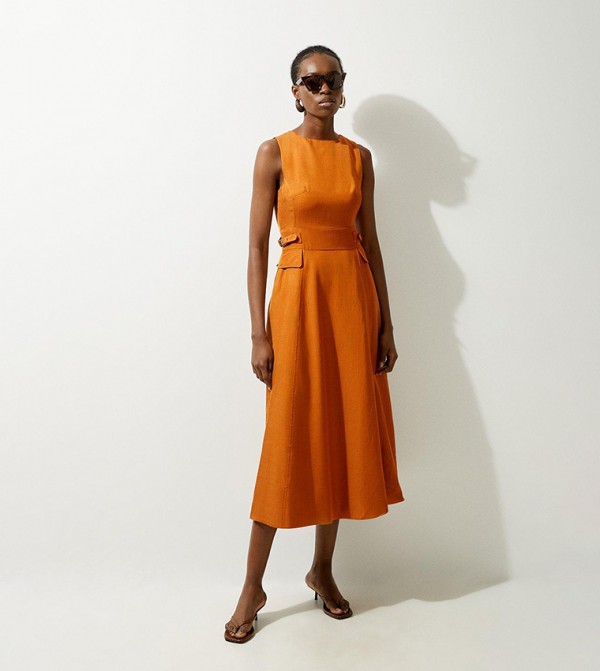 Petite Linen Full Skirt Tailored Midi Dress