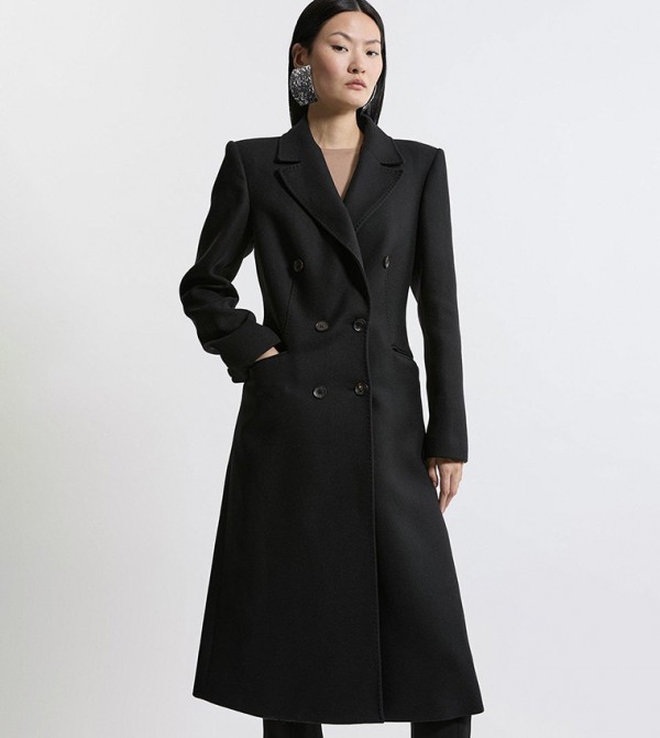 Buy Karen Millen Italian Wool Double Breasted Fitted Long Coat In Black ...